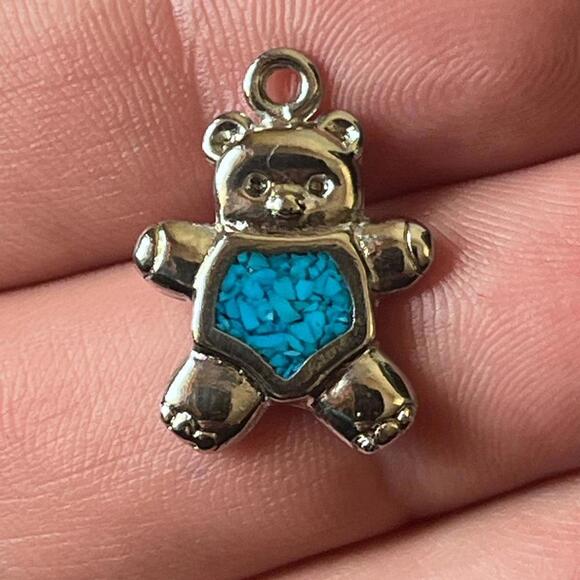 Cute Silver Teddy Bear Charm with Turquoise Enamel - Picture 3 of 7